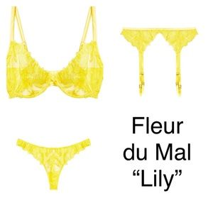 Fleur du Mal set in Sunshine (yellow). Bra/thong/garter NWT